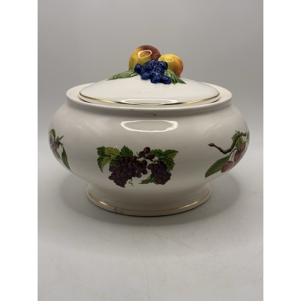 Vtg 1980s Lidded Serving Bowl Fruit Pattern Gold Trim 8" Ceramic Teleflora